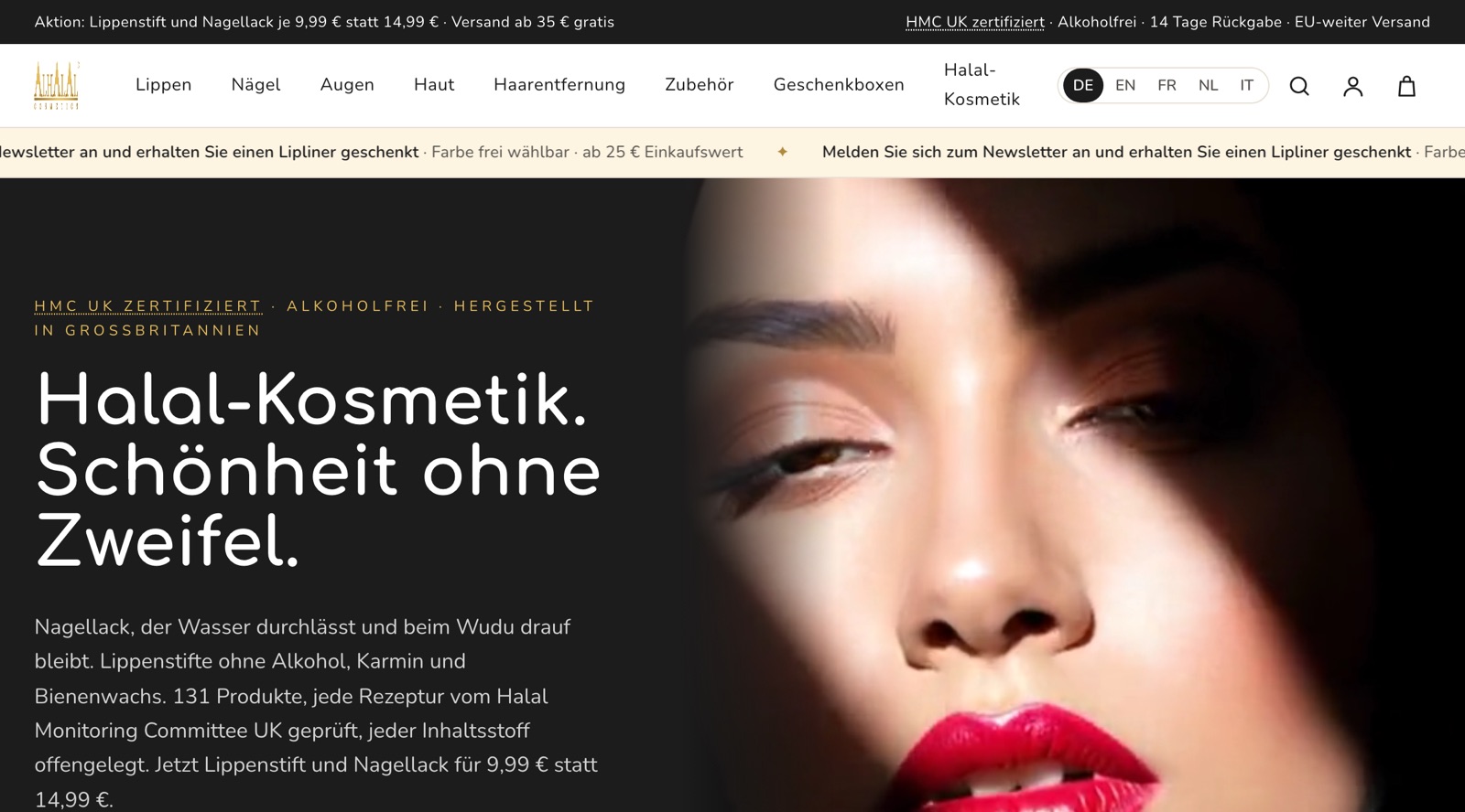 Startseite des neuen Onlineshops von Alhalal Cosmetics mit Hero und Zertifikats-Hinweis