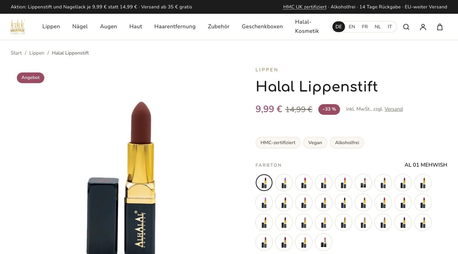 Produktseite Halal Lippenstift mit Preis, Siegeln und Farbton-Auswahl
