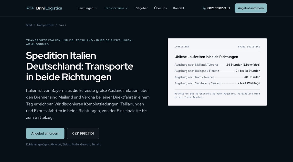 Länderseite für Italien-Transporte mit Laufzeiten-Tabelle